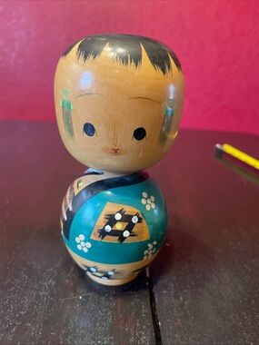 Hand-Painted Kokeshi Doll - Teal & Natural Wood